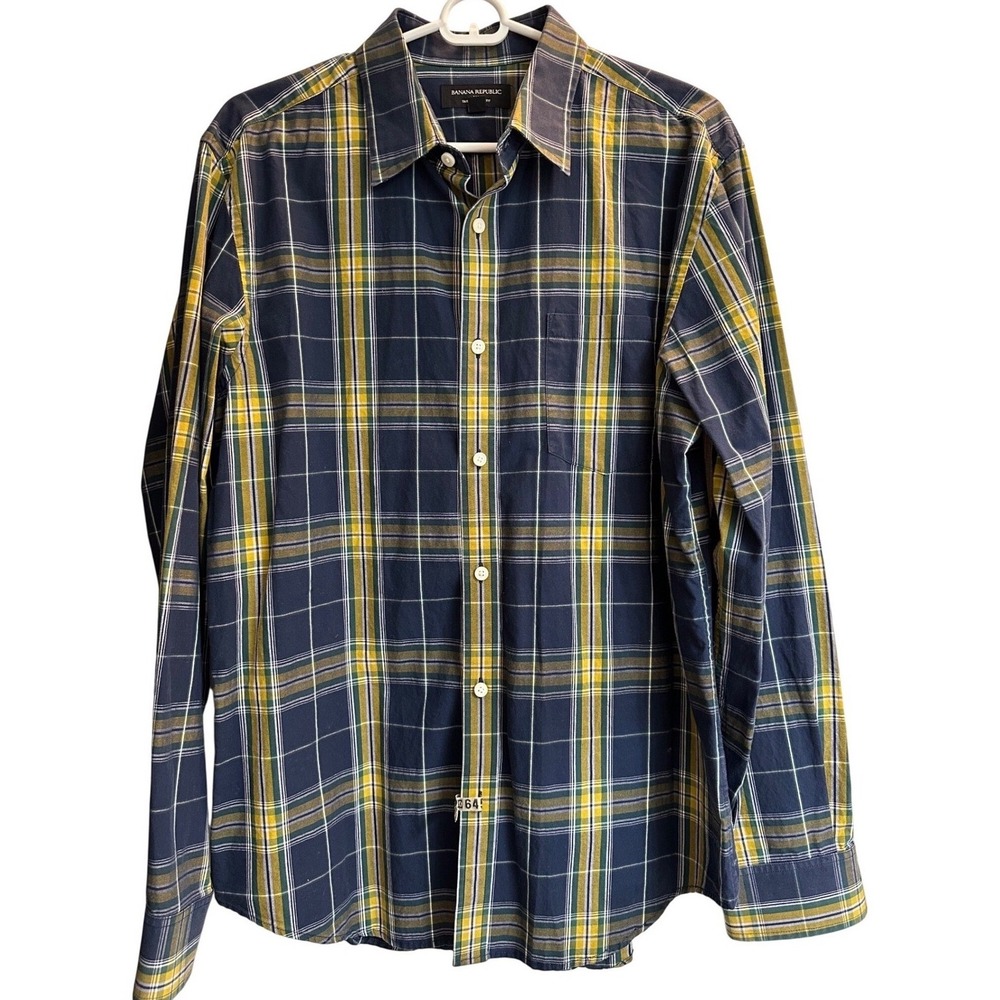 Banana Republic Mens Tailored Slim Fit Plaid Button Down Shirt Navy Yellow L